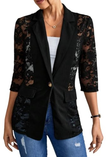 Goolecrimp Blazer da Donna in Maglia di Pizzo schiacciato Patchwork di Pizzo Blazer a Sette Maniche 2024 Giacca da Ufficio da Lavoro Leggera a Sette Maniche con Risvolto Estivo (Nero,M)