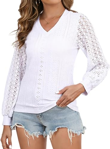 Klassisk virkad skjorta med lösa ärmar och V-hals, elegant blus tröja för vår sommar höst, Vit, S