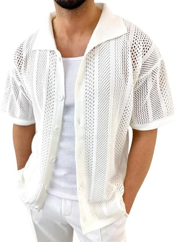 Netzhemd Herren Strickhemd Kurzarm Transparent Sommerhemd Sexy Meshhemd Nachtclub Bühne Kleidung Clubwear Durchsichtig Hemdjacke T-Shirt Hawaii Hemd Freizeithemd