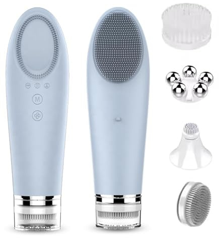 Spazzola per la pulizia del viso, ricaricabile, impermeabile, con 5 testine massaggianti, spazzole elettriche per la pulizia profonda ed esfoliante, in silicone, per la terapia del calore (grigio)