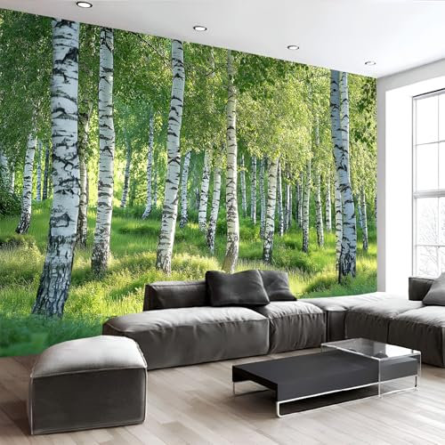 Fotomural Efecto Paisaje Natural 3D Papel Tapiz, Primavera Bosque de Abedules Papel Pintado Papel Tapiz 3D decoración de La Pared Murales, Sala de Estar Dormitorio Papel Pintado 150Anx105Al Cm
