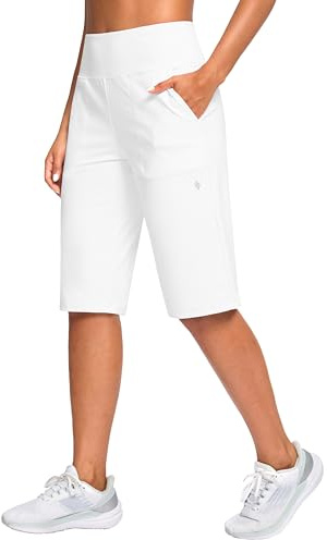 SANTINY 14 Shorts for Women Knee Length with Pockets High Waisted Stretch Long Bermuda Shorts for Summer Dressy Casual (White M)