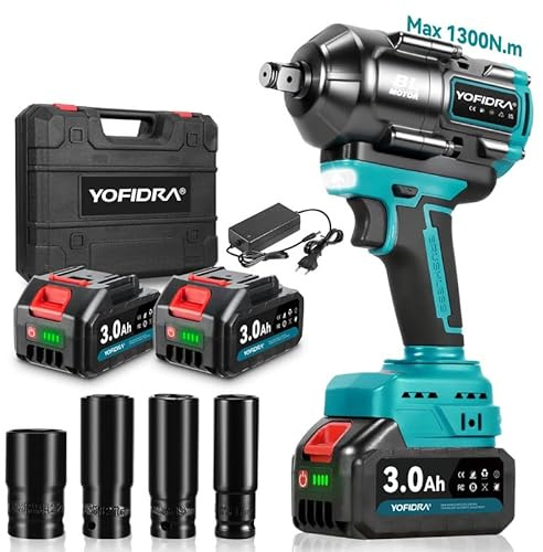 Yofidra Llave de Impacto Inalámbrica sin Escobillas 1300 Nm 1/2, Pistola de Impacto Baterías con 20V 2 Baterías 3000 mAh, 3 Velocidades, Luz LED, Llave de Impacto Eléctrica con 4 Vasos