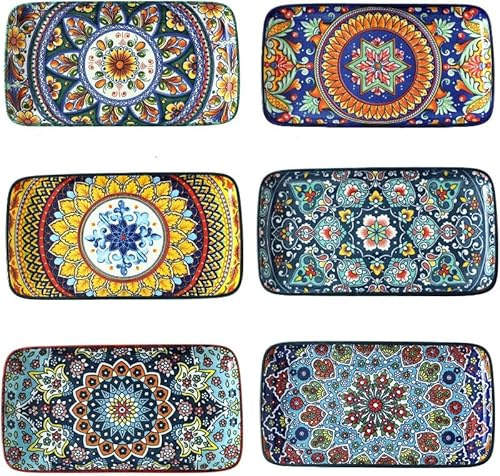 glowworm Porcelain Appetizer Plates Set of 6, 8.5 Inch Salad Plates for Sushi, Dessert, Rectangular Serving Platters, Serving Tray for Party, Kitchen, Microwave & Oven Safe, Bohemian