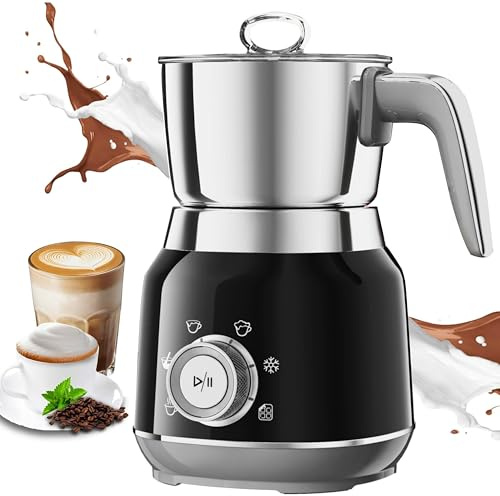 Yaskyly Espumador de Leche Eléctrico 6 en 1, 560W, 1L,Espuma Fría y Caliente y Calentador de Leche para Café con Leche, Capuchinos, Macchiato, Acero Inoxidable, Apto para Lavavajillas
