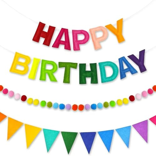 Happy Birthday Banner, Reutilizable Banderola Feliz Cumpleaños, Arco Iris Cadena de Banderines con Letras y Bolas de Fieltro, Guirnalda Premontada Decoraciones de Fiesta de Cumpleaños