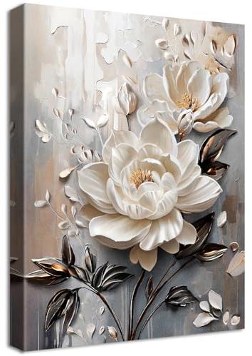 Träram canvastryck vita blommor 3D-tavla affisch väggdekoration rosa, beige och grå blommor canvasbild blommande blommor tavla väggdekoration vardagsrum sovrum 30x40 cm