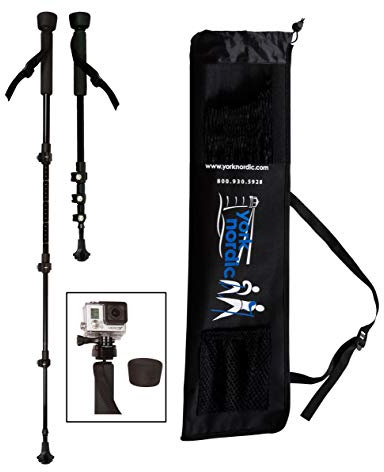York Nordic PRO Collapsible 4 Piece Trekking/Walking Poles - Pair of monopod Poles w/3 flip Locks, Detachable Rubber feet, and GoPro Camera Mount Black