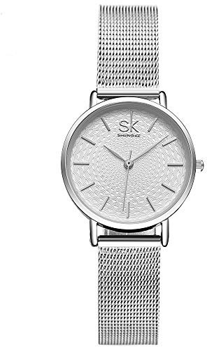 SHENGKE Kreative Simplicity Damen-Armbanduhr mit Netzband, Elegant, Damenarmbanduhr Business Armbanduhr (K0006-silver-mesh Band)
