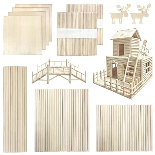 DOITEM 214 PCS Natural Wood Craft Lollipop Sticks Dowel Rods Balsa Wood Sheets Smooth Popsicle Art Stick Perfect for Craft Items