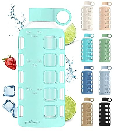 Purifyou Premium Glass Water Bottle with Non-Slip Silicone Sleeve and Stainless Steel Lid - 0.35/0.65/0.94 L, Glow in the Dark, 22 Oz