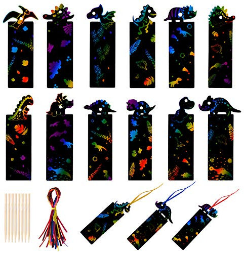 Kesote Kratzbilder Lesezeichen 48x Kratzpapier Kinder Dinosaurier Tiere Regenbogen mit Kratzstifte zum Basteln DIY Zeichnen Malen für Weihnachten Halloween Mitgebsel (12 Motive)