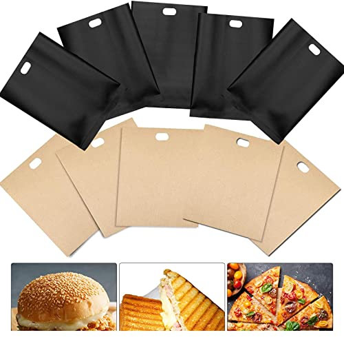 Lot de 10 sacs à grille-pain réutilisables et antiadhésifs - Sacs à sandwich - Beige et noir - Résistants à la chaleur - Pour pizza, pain, collation, four à micro-ondes - Pour intérieur et cuisine -
