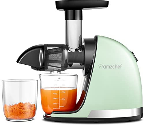 AMZCHEF Entsafter Gemüse und Obst - Entsafter Slow Juicer mit Rückwärts-Kau-Funktion - Zartes Zerkleinern ohne Filtern - Entsafter Elektrisch mit Bürste und 2 Tassen - Grün
