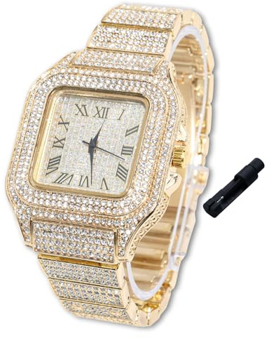 Halukakah Montre avec Diamants Iced Out pour Garçons,Ados,Enfants -Plaqué Or 18 Carats/Platine,Cadran Carré 40mm,Quartz Japonais-Longueur 18.5cm-Optionnel avec Chaîne de Tennis,Outil de Réglage Inclus