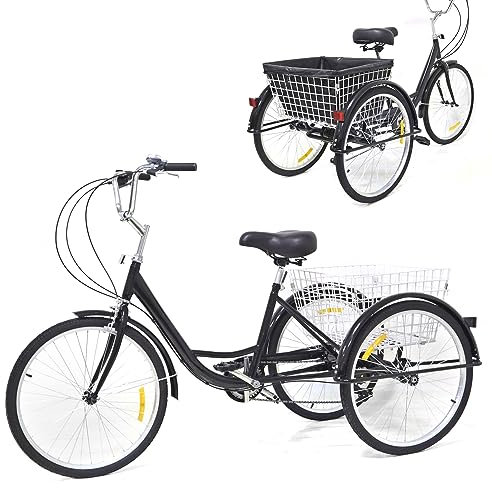 24 Zoll 3 Räder 8 Gang Dreirad für Erwachsene, Adult Tricycle Erwachsene Senioren Fahrrad Mit Einkaufskorb, Schwarz