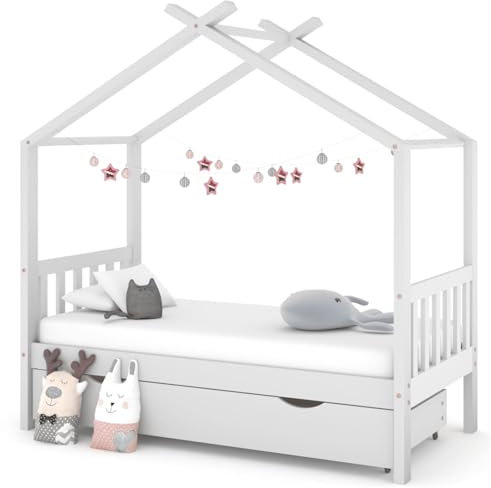 Camerina Kinderbett mit Schublade Weiß Massivholz Kiefer 80x160 cm Kinderbett Mit Mehrfunktionen