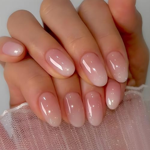 Ceboic 24 Pièces Amande Faux Ongles Court Français Rose Blanc Dégradé Press on Nails Couverture Complète Acrylique Soft Gel Ongles à Presser Naturel Bâton sur Ongles pour Femmes et Filles