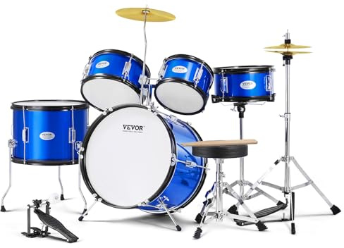 VEVOR Kit de Batterie pour Enfants, 406 mm, Batterie complète pour débutants, 5PCS, avec Toms Basses, Caisse Claire, siège, cymbales Charleston, 2 Paires de Baguettes, Instruments de Musique, Bleu