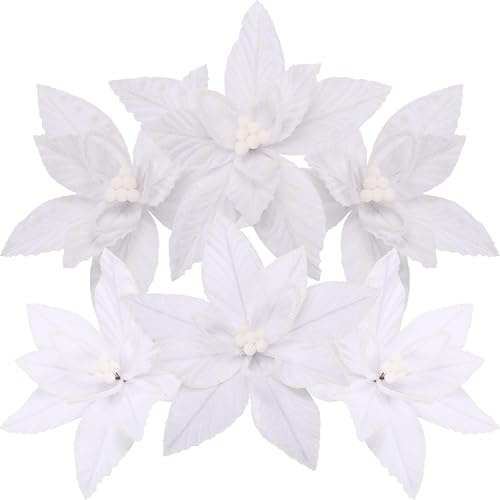 Sea Team - Set di 6 decorazioni artificiali per fiore di Natale, set di poinsettia in tessuto fioccato, decorazioni floreali per albero di Natale, ghirlanda, 25 cm, bianco