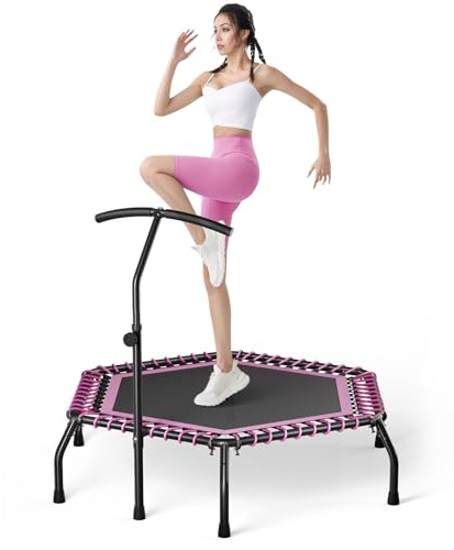 The Fellie Rebounder Trampoline for Adults 48 Mini Trampoline with Adjustable T-Bar Handle Indoor Outdoor Fitness Trampolines Small Bungee Rebounder for Workout Exercise, Pink