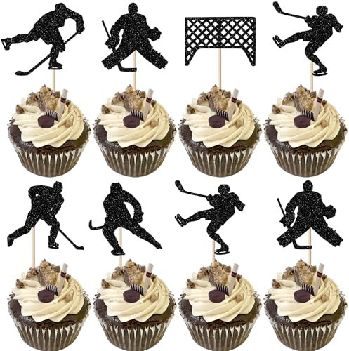 Xsstarmi 24 Packung Eishockey Cupcake Toppers Glitzer Hockeyspieler Cupcake Picks für Hockey Spieler Geburtstag Jubiläum Party Kuchendekoration Schwarz