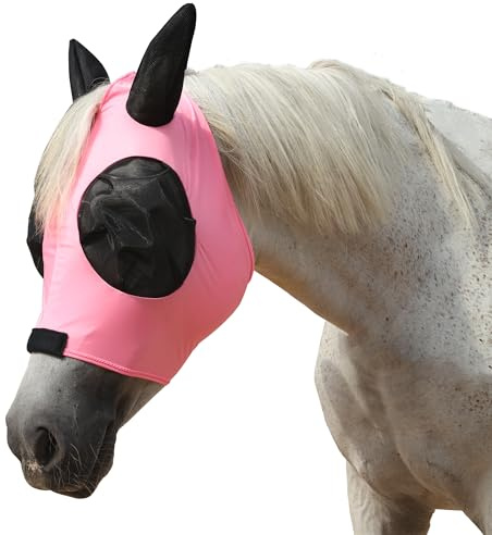 Gallopoff Maschera antimosche per cavalli, grande spazio per gli occhi con orecchie, super confortevole, elastica, protezione UV per cavallo rosa