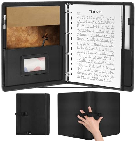 Irich Carpeta grande de piel sintética gruesa, A4 para partituras, 4 anillas, 60 bolsillos (30 compartimentos）,piel sintética, con correa de mano, capacidad máxima de 220 hojas