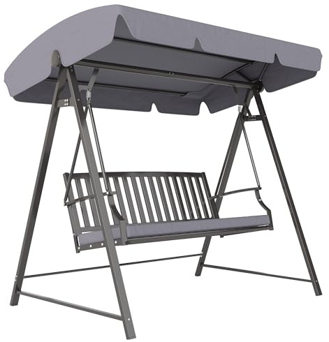 Outsunny Columpio de Jardín Exterior de 3 Plazas Balancín de Jardín Exterior con Toldo Ajustable Cojín y Estructura de Acero Carga 360 kg 205x133x181 cm Gris