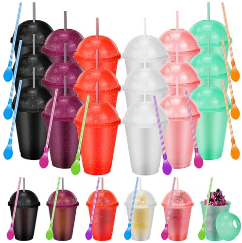 24 Sets Slushie Cups with Dome Lids and Straws Detachable Spoon Straws Reusable Plastic Iced Coffee Cups Smoothie Tumbler for Birthdays Summer Party Supplies (Multicolor)