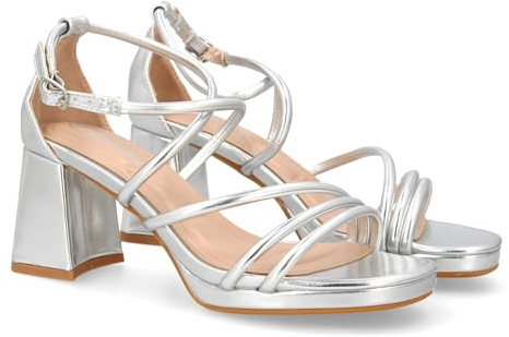 shoes&blues.es 95323 Sandalia de Tacon con Diseno de Tiras Finas y Talon Cerrado. Comodos con Plataforma, Ideal para Ocasiones Especiales. Plata Talla 41