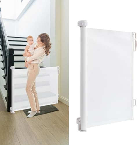 Peviasot Trappskyddsgaller, utdragbart dörrskydd, 0–180 cm, babytrappgaller, babygaller med nät, husdjursbarriär, dörrgaller med vridlås, för inomhus- och utomhusbruk, vit