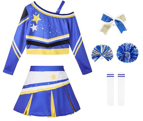 LOLANTA Déguisement de pom-pom girl scintillante pour fille avec pompons, nœud et chaussettes, bleu, 12-13 ans, 160