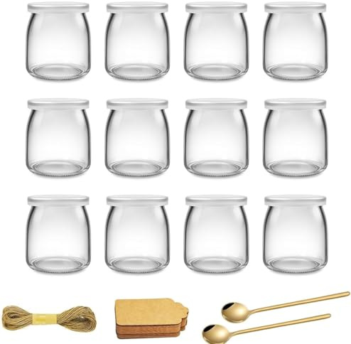 Vasetti Per Yogurt,Bicchieri da yogurt 200 ml con coperchio e cucchiaio, piccoli bicchieri da dessert multiuso in vetro, con etichetta e corda, per yogurt, dessert, budino, marmellata(12 pezzi)