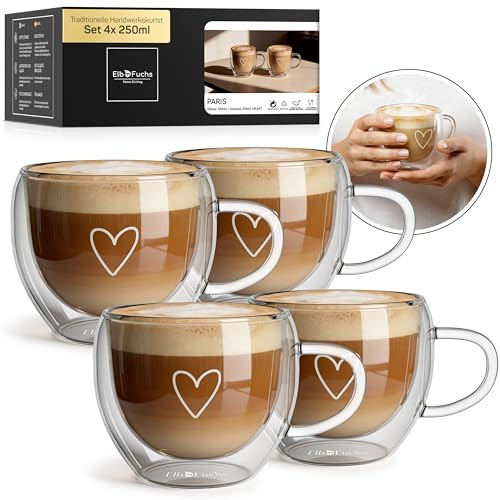 ElbFuchs Cappuccino Tassen Glas doppelwandig mit Henkel 4x 250ml, Herz Thermogläser für Cappuccino & Kaffee – isolierende Kaffeegläser mit Schwebeeffekt – spülmaschinenfest