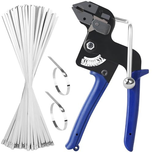 Pinza per Fascette Metalliche Autobloccante con 200 pezzi Fascette stringitubo in Acciaio Inox, pistola per fascette in metallo per tensionare e tagliare le fascette, adatta per cavi e tubi