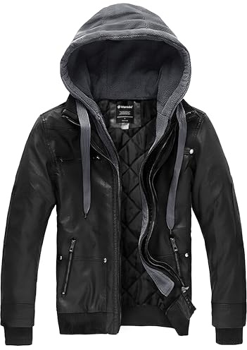 wantdo Men's Motorcycle Leather Jacket Hooded Warm Winter Jacket Large Black(Thick)