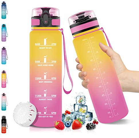 Bouteille d'eau, Gourde Sport 1 Litre, sans BPA, Étanche & Réutilisable, avec Filtre et Marqueur de Temps, Convient Pour la Gym, le Yoga, le Camping, Gourde Randonnée