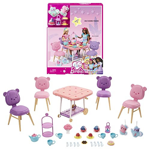 Barbie Tea Party, Meine erste Serie, 18 Accessoires, Plüschartikel, Servierwagen, Teeservice, Desserts, Puppen Nicht enthalten, Geschenk für Kinder, Spielzeug ab 3 Jahre,HMM65
