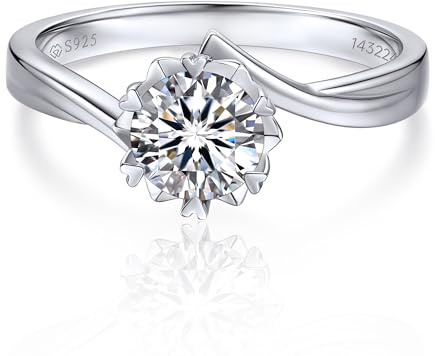 MomentWish Bague Fiançailles Femme, 1 Carat Moissanite Diamant Bague de Fiançailles Solitaire Promesse Flocons de Neige Elégant en Argent 925 GRA Certificat Cadeau-Taille48