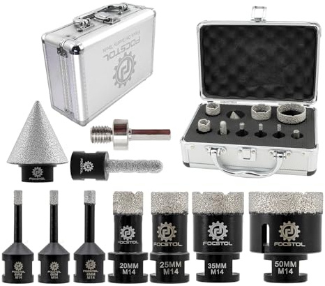 FOCSTOL Juego de Brocas Diamante - 10 piezas (6/6/8/20/25/35/50mm+10mm Broca Fresado+35mm Brocas Chaflán Biselado+Hexagonal Adaptador) para Porcelanico Baldosa Cerámica Mármol Granito