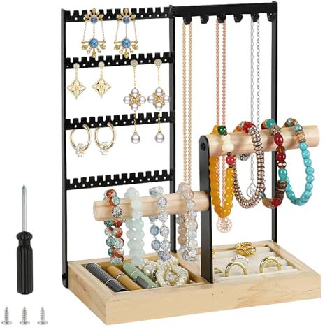 YUTUY Porte Bijoux Présentoir à Bijoux en Metal et Bois Durable,Porte-Bijoux avec Plateau et Crochets,porte collier,Rangement Bijoux pour Chaînes Boucles d'Oreilles Bagues Bracelets Montres