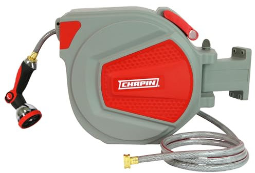 Chapin 5999: Carrete retráctil de manguera de jardín de 65 pies, funda resistente montada en la pared y soporte de marco giratorio de 180°, manguera de retracción y bloqueo automático, con boquilla de