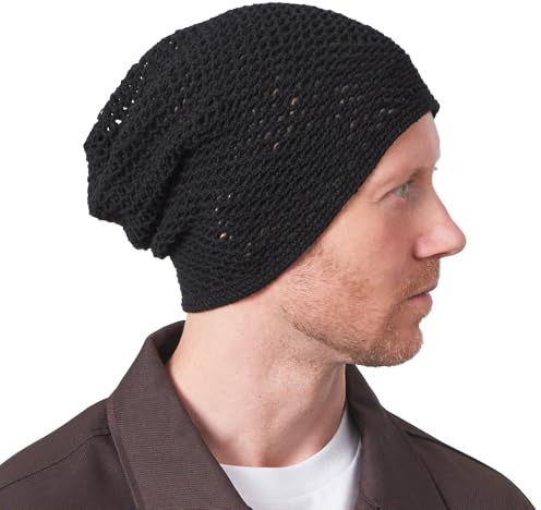 Gorro Hombre para El Verano De Punto Fino Y Grueso, Sombrero Y Gorra Mujer De Algodón 100%, Slouch Beanie Ligero Y Ventilado Hecho A Mano Negro