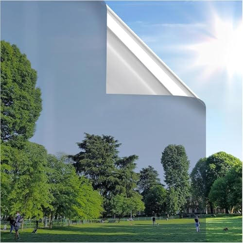 rabbitgoo One Way Window Film Privacy No Glue, Silver, 44.5x300cm | Privacy Film for Glass Mirror Tint Stickers Anti Glare, Heat Reflect Sun Blocker, UV Glass Vinyl Static Cling for Home Office