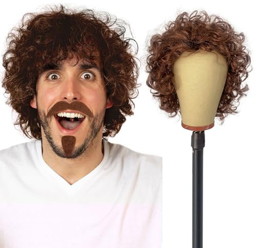 UILYNIU Parrucca riccia marrone da uomo, stile retrò, stile afro, per feste in costume anni '60, '70, '80