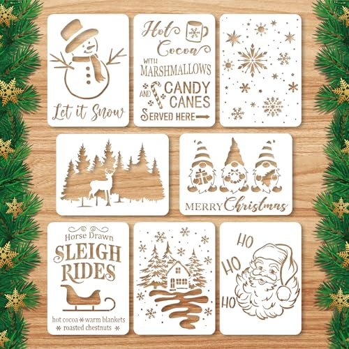 XIHIRCD 8 Plantillas Navideñas Reutilizables, 28x20,3cm Merry Christmas Árbol de Navidad Papá Noel Plantillas de Vacaciones de Invierno para Pintar Sobre Madera Granja Paredes Tela