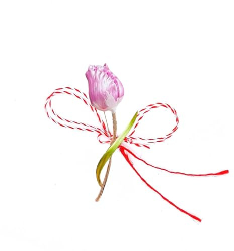 Tulpan Martisorbrosch – handgjord rumänsk vårlyckoberlock med rosa eller röd blomma design och berättelsekort, Different sizes, Legerat stål