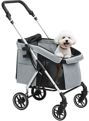 PawHut Carrito para Perros Plegable Cochecito para Perros Pequeños con Ruedas Universales Marco de Aluminio Correa de Seguridad Cojín Lavable y Ventanas 80x48,5x106 cm Gris