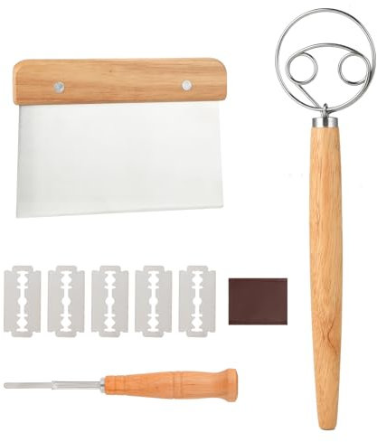 3 Pièces Fouet Danois - Lame à Pain - Coupe-Pâte, en Acier Inoxydable avec Manche en Chêne, 5 Lames et Sac de Rangement, Idéal pour Baguettes, Pâte, Pain DIY et Cuisson